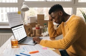 DTC brand founder or operations manager reviewing EU EPR compliance documents and packaging regulations on a laptop