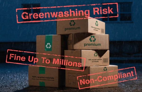 Warning visual showing greenwashing fines and compliance risks for DTC brands in 2026