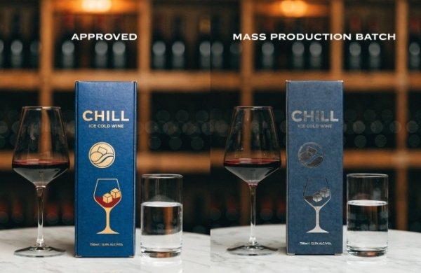 Side-by-side comparison showing approved sample packaging next to mismatched mass production batch with visible color shift