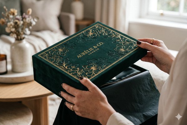 Premium rigid box opening with magnetic closure, deep embossing, and luxurious soft-touch finish during unboxing
