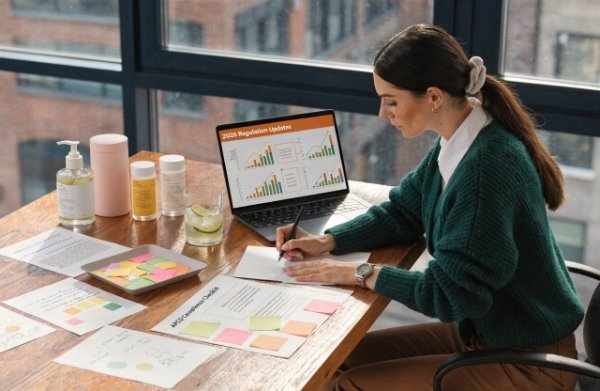 Australian skincare brand founder or team reviewing APCO compliance documents and sustainable packaging requirements for 2026