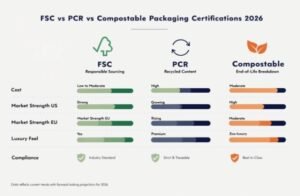 Clear comparison chart showing the differences between FSC, PCR, and Compostable packaging certifications