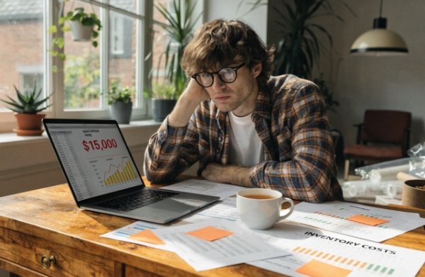 DTC founder analyzing high MOQ packaging risks and inventory costs on laptop