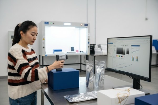 Premium packaging production line or quality control showing consistent color matching process with spectrophotometer