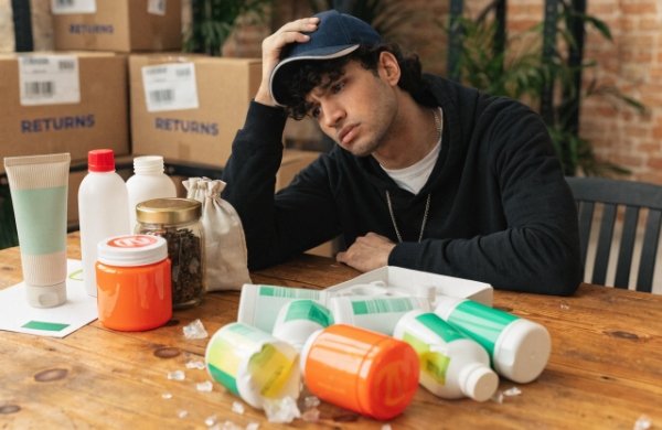Frustrated DTC founder or team dealing with mismatched packaging from sample to bulk order, showing returns and disappointment
