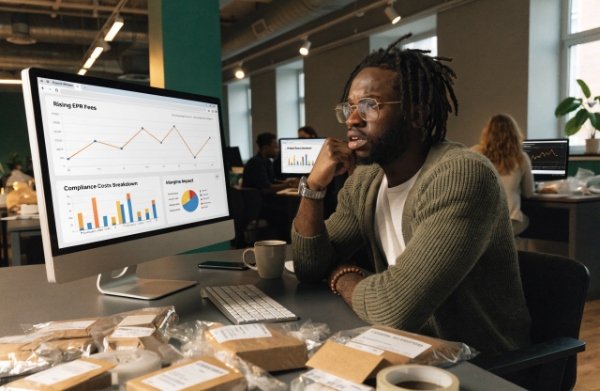 Stressed DTC operations manager looking at rising cost charts due to new EU EPR fees and compliance requirements