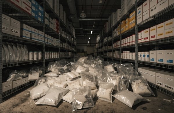 Warehouse or storage room filled with unsold overstocked skincare or supplement packaging due to high MOQ
