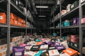 Warehouse filled with unsold overstocked skincare or supplement packaging due to high MOQ orders