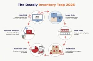 Visual explanation of the deadly inventory trap caused by high MOQ packaging for DTC brands