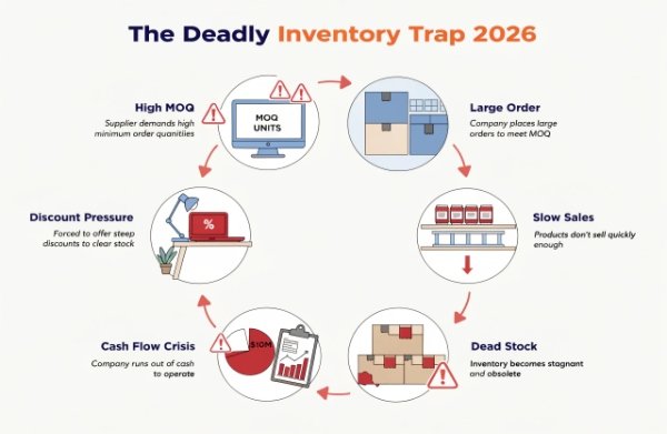 Visual explanation of the deadly inventory trap caused by high MOQ packaging for DTC brands