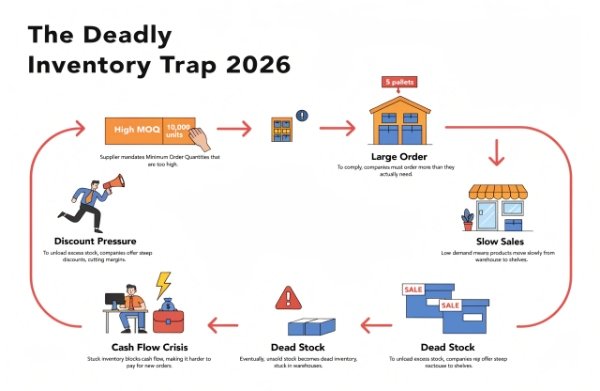 Visual explanation of the deadly inventory trap caused by high MOQ packaging for DTC brands