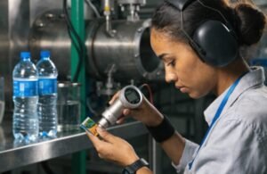 Factory worker performing color measurement with spectrophotometer during production quality control