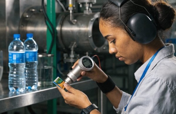 Factory worker performing color measurement with spectrophotometer during production quality control