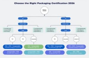 Practical decision tree flowchart to help DTC brands choose the right packaging certification (FSC, PCR, Compostable)