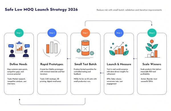 Visual representation of the safe low MOQ launch strategy for DTC skincare and supplement brands