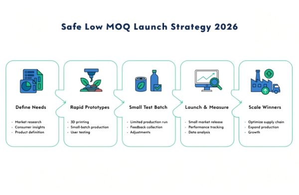 Visual representation of the safe low MOQ launch strategy for DTC skincare and supplement brands