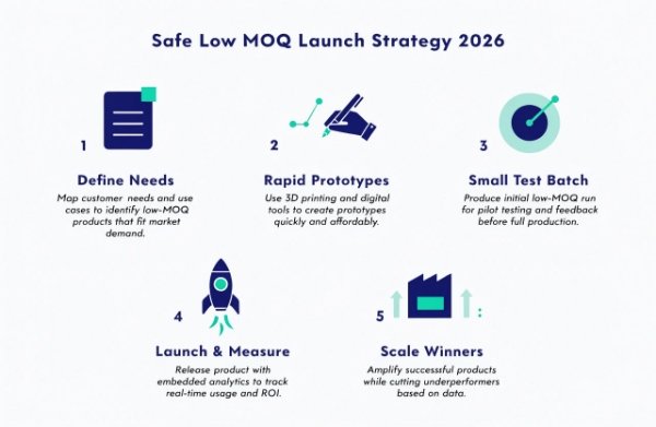 Visual representation of the safe low MOQ launch strategy for DTC brands in 2026
