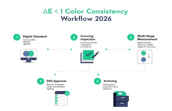 Clear step-by-step workflow diagram for achieving ΔE < 1 color consistency in packaging production