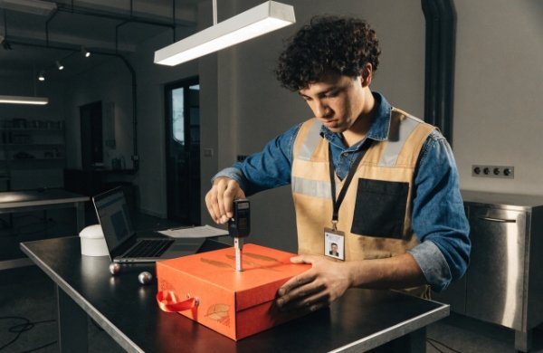 Engineer or technician testing the strength and reliability of a magnetic closure box