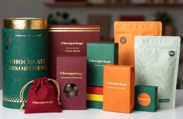 Luxury compliant packaging samples from Choco Package showing premium look with verifiable sustainability certifications