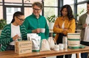 Chocopackage team showing certified FSC, PCR, and Compostable packaging samples with low MOQ advantage