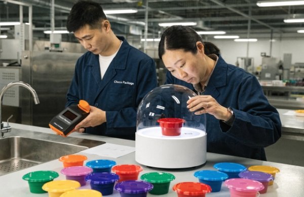 Choco Package team or technician performing color audit and quality control for premium packaging