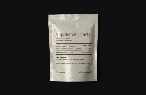 Back view of supplement pouch showing clean compliant labeling design