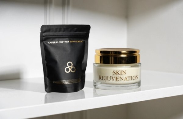 Luxury supplement pouch standing next to a high-end skincare jar on retail shelf