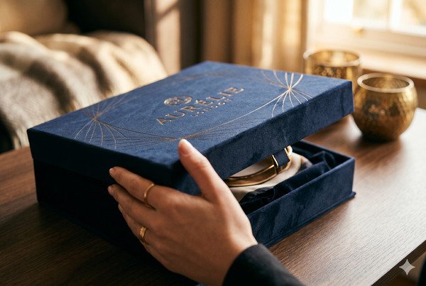 Premium rigid box opening with magnetic closure, deep embossing, and luxurious soft-touch finish during unboxing