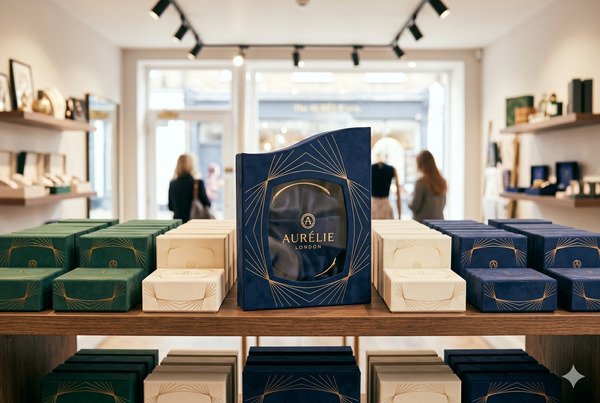 Custom die-cut box with window or unique shape standing out on a crowded retail shelf