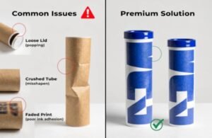 Examples of failed paper tubes with weak lids and poor quality