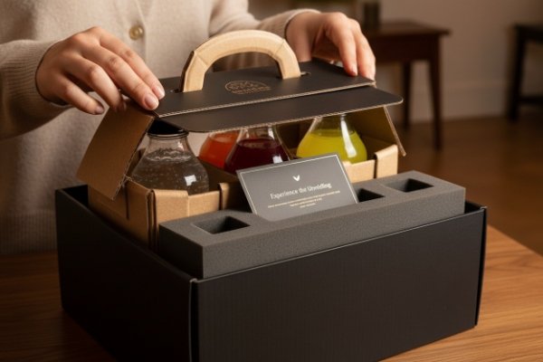 Luxury unboxing with custom die-cut insert revealing the product in a layered, theatrical way