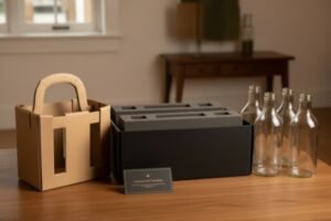 Eco-friendly kraft box with minimalist die-cut details, showing sustainable yet premium look