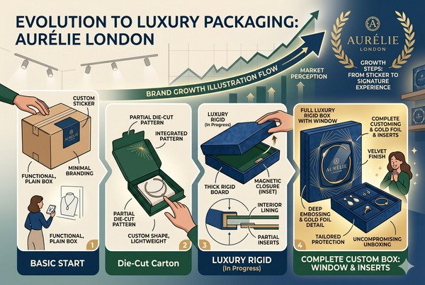 Visual progression showing brand packaging evolution from simple sticker to full custom die-cut structural box