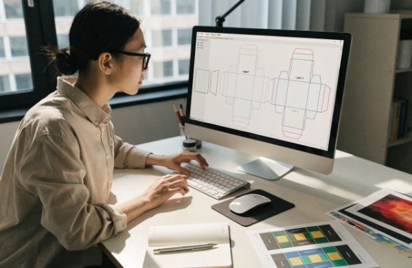 Designer working with packaging dieline template on screen