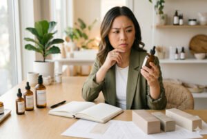 Founder looking concerned about packaging decisions with blank slate feeling