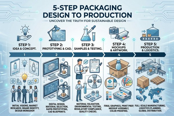 Step-by-step packaging journey timeline from zero design to finished product