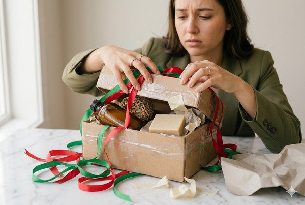 Recipient struggling to open a traditional rigid gift box