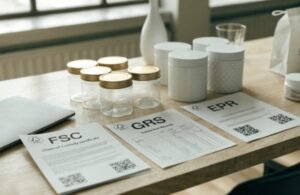 Professional documentation showing FSC, GRS, and EPR certifications for premium packaging compliance