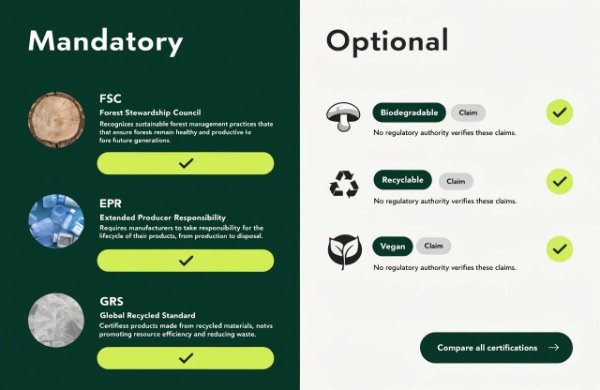 Clear comparison of mandatory compliance certifications versus optional marketing claims