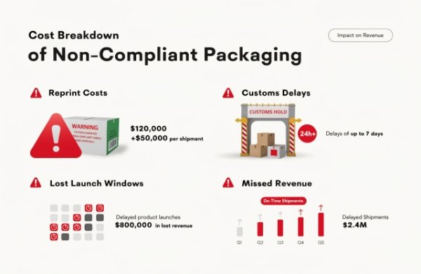 Detailed breakdown showing reprints, delays, lost sales from compliance failures