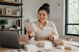 First-time founder excitedly reviewing her first custom packaging samples