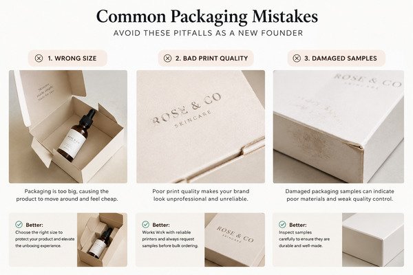 Visual representation of common mistakes beginners make with custom packaging