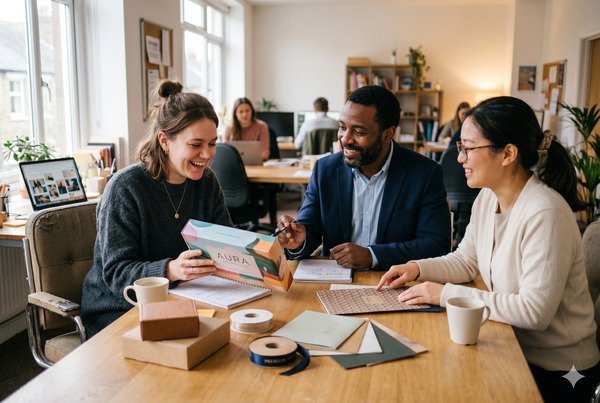 Supportive team helping a beginner founder with her packaging project