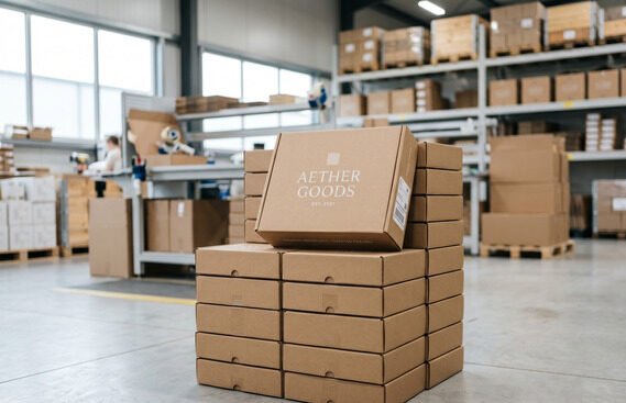 Neat and professional stack of high-quality branded custom mailer boxes ready for shipping, elegant design with logo visible, clean fulfillment center or warehouse setting, premium product photography --ar 3:2 --v 6 --q 2