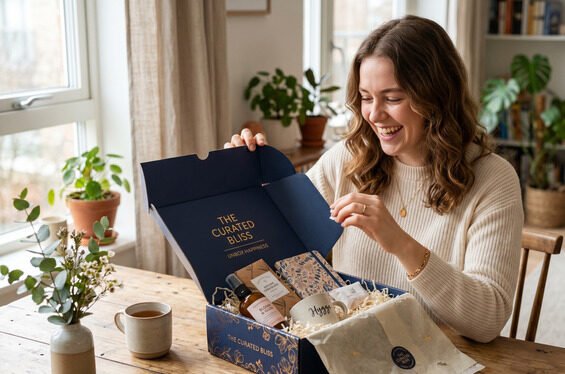 Happy customer excitedly opening a branded premium custom mailer box